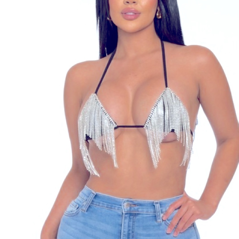 Dazzling Rhinestone Embellished Black Triangle Cascading Bikini Top Bustier